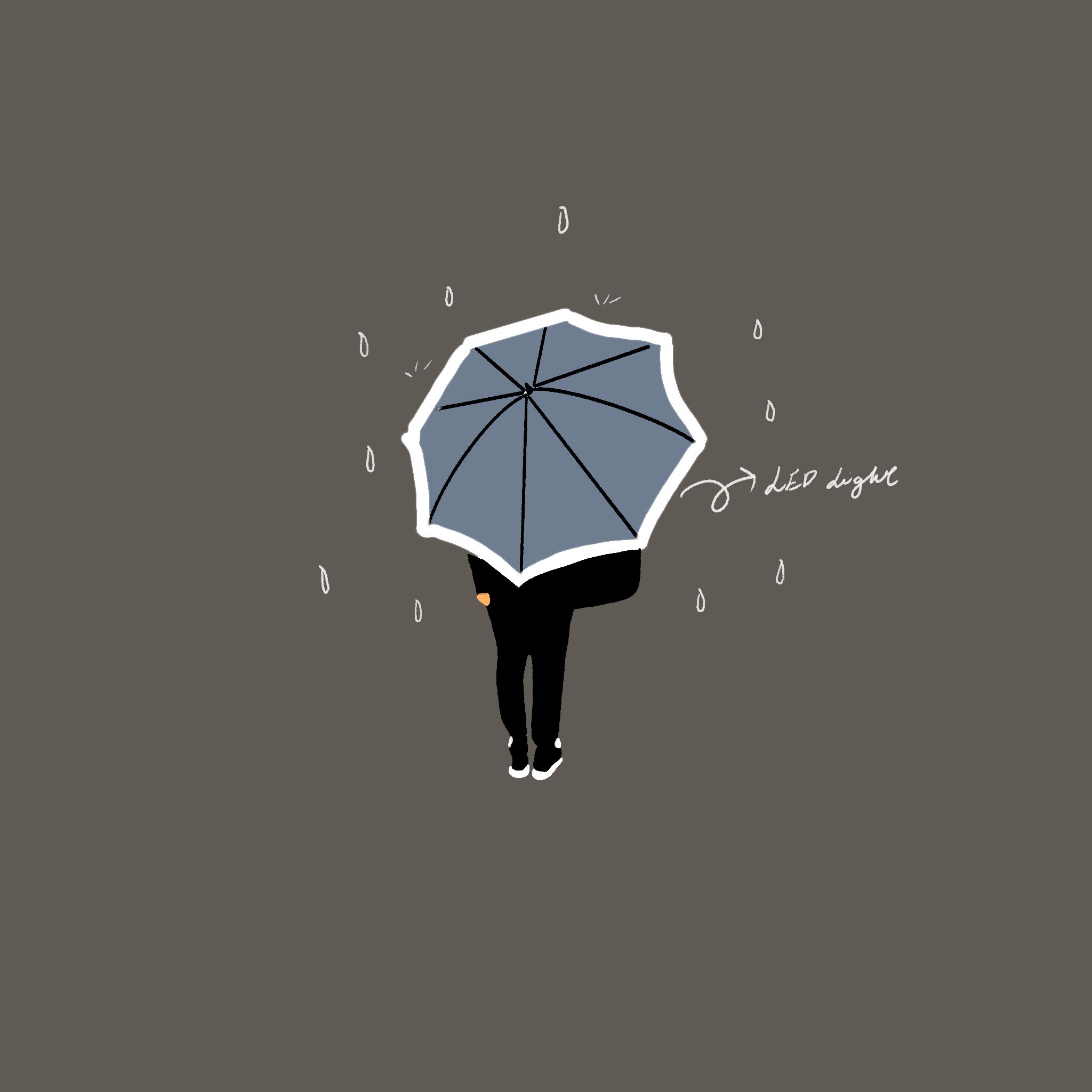 Another concept sketch showing how the LED lights are embedded along the ribs of the umbrella. It highlights the practical usage of the glowing umbrella during rainy or nighttime conditions.