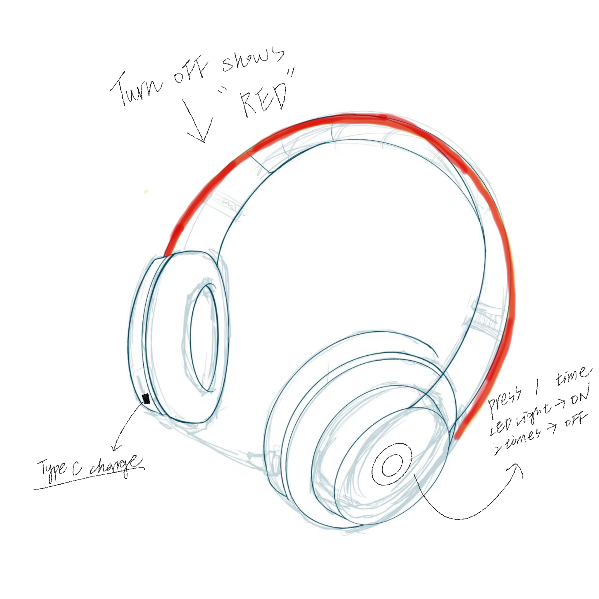 This image shows the power-off mode, where the LED light turns red when the headset is off. The button allows users to switch the LED on/off with a simple press.