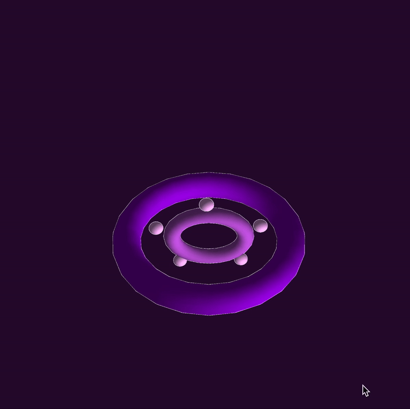 I worked on a 3D ring system with orbiting spheres, trying to create a visually rhythmic effect. This design plays with movement and depth to enhance interactivity.
