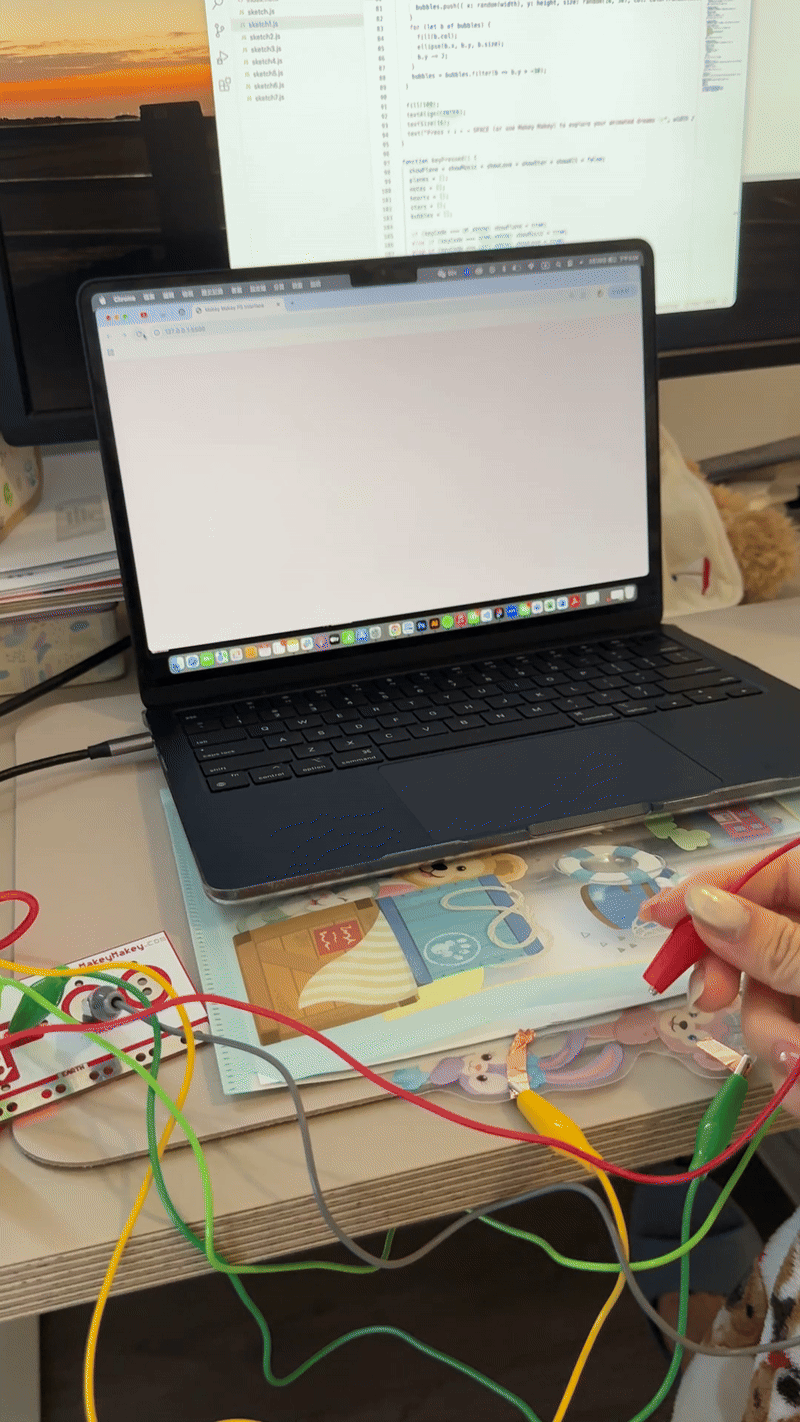 This sketch reacts to user input with shifting colors and lines. When Makey Makey is touched, animated shapes ripple outward like a calm wave.